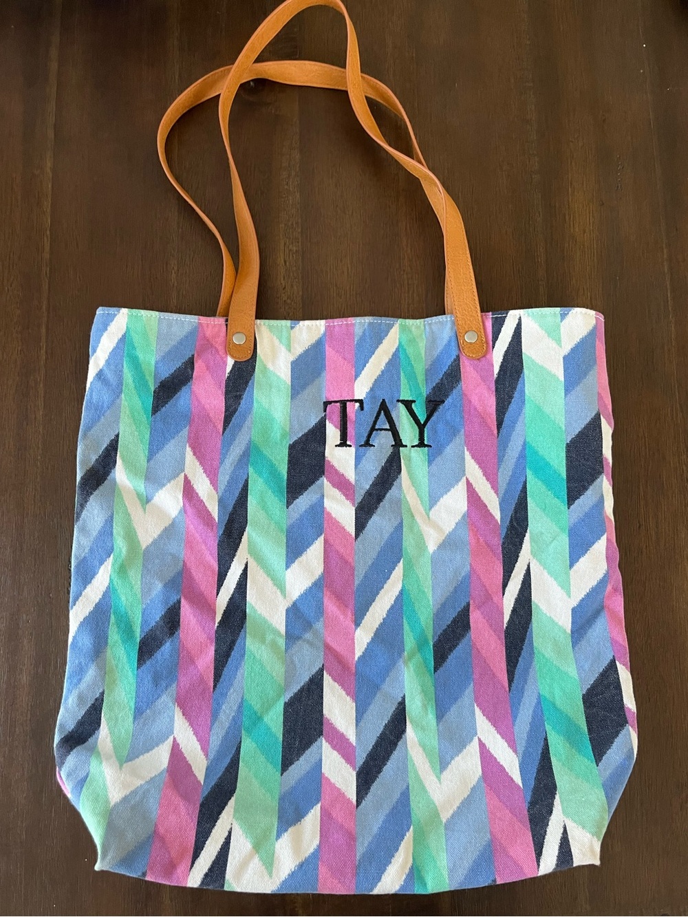 PB Teen Monogrammed “TAY” Multicolor Chevron Tote Bag with Tan Handles